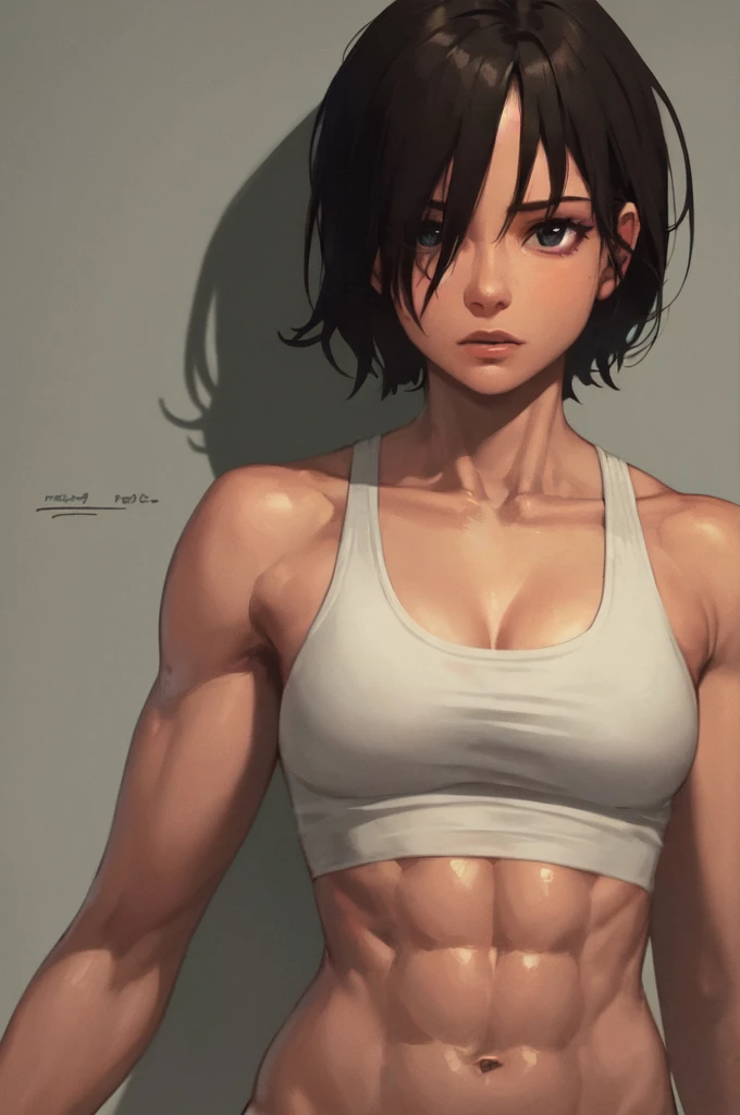 1girl,ultra high details, ultra high auality,(highly detailed face)1.2,(high quality of face)1.3,Mikasa Ackerman,highly detailed abs,perfect female anatomy, best quality of shadows,highly detailed muscles,beautiful face,volume shadows