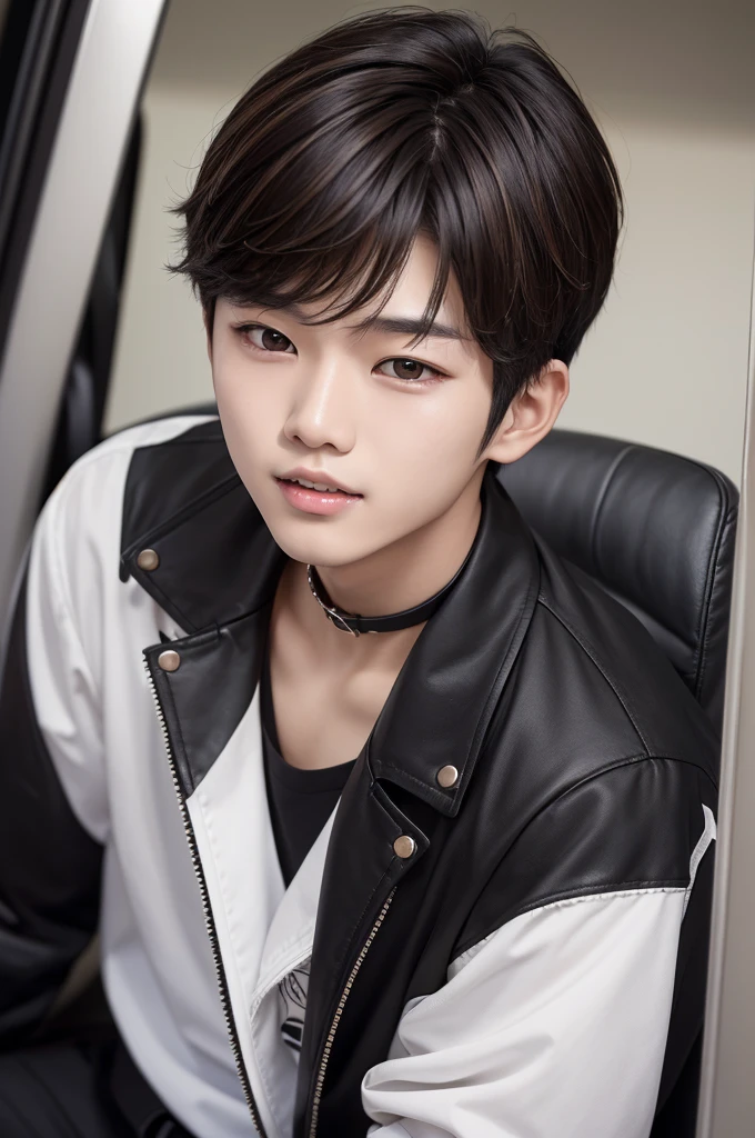 A Korean boy with medium black hair with blonde highlights, he has rabbit teeth