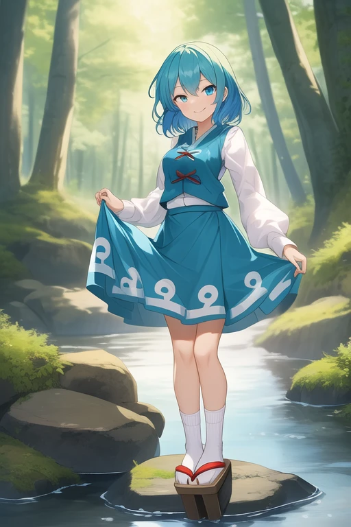 ((best quality)), ((masterpiece)), (detailed), 1girl, Touhou, Tatara Kogasa, medium sized breasts, smiling expression, blue hair, different eye color, blue eye color, red eye color, blue feminine blouse, long sleeves feminine blouse, light blue skirt, long socks, japanese sandal, girl on stone trail, light forest and river background, girl standing, full body, wide shot