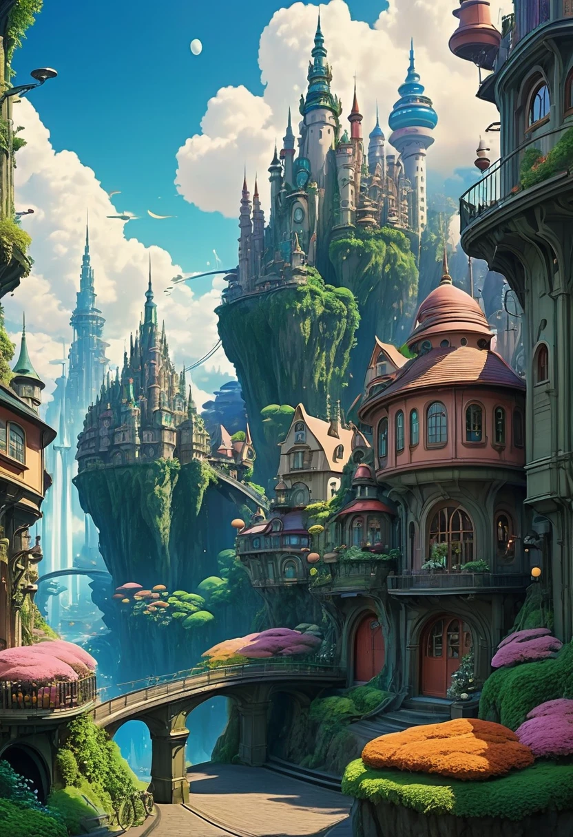A beautiful jaw dropping city that is mash up of fairy tale and scifi. Has the feel of a fairy tale but with scifi details seemlessly blended in. Style of Studio Ghibli