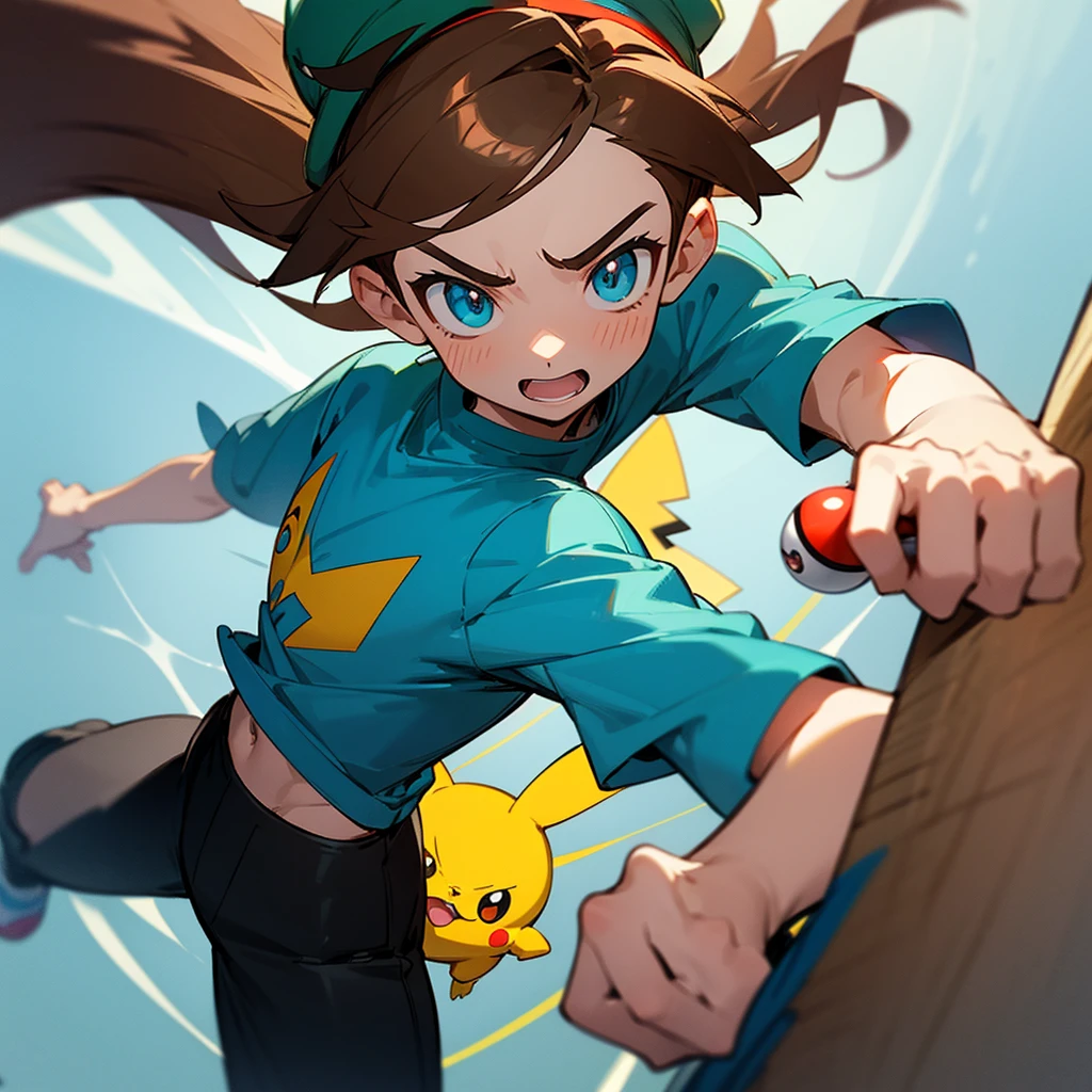 The brown-haired boy has a green cap that contrasts with his blue t-shirt.. His youthful face is illuminated by curious, expressive eyes, that shine with enthusiasm. A light sardine punctuates your nose, suggesting a trace of mischief. Under the cap, a few unruly strands of brown hair escape, softly messy as if the wind played with them.

He wears a vibrant blue t-shirt, that fits comfortably on a slim body. The t-shirt is adorned with small details that reveal your love for the Pokémon universe - perhaps small Pikachu or discreetly printed Poké Balls. Your black pants are practical and casual, perfect for unexpected adventures, while your sports shoes look ready for any challenge.

In one hand, firmly hold a red and white Poké Ball, symbol of your journey as a potential Pokémon trainer. Your gesture is confident, ready to catch or challenge new Pokémon. Every movement reveals a mix of determination and youthful curiosity, a combination that promises great adventures in the world of Pokémon.