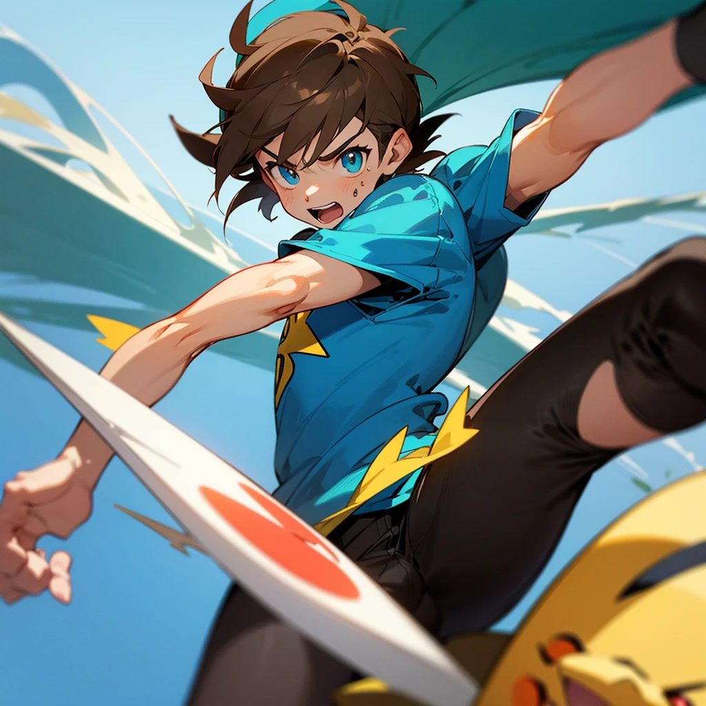 The brown-haired boy has a green cap that contrasts with his blue t-shirt.. His youthful face is illuminated by curious, expressive eyes, that shine with enthusiasm. A light sardine punctuates your nose, suggesting a trace of mischief. Under the cap, a few unruly strands of brown hair escape, softly messy as if the wind played with them.
He wears a vibrant blue t-shirt, that fits comfortably on a slim body. The t-shirt is adorned with small details that reveal your love for the Pokémon universe - perhaps small Pikachu or discreetly printed Poké Balls. Your black pants are practical and casual, perfect for unexpected adventures, while your sports shoes look ready for any challenge.
In one hand, firmly hold a red and white Poké Ball, symbol of your journey as a potential Pokémon trainer. Your gesture is confident, ready to catch or challenge new Pokémon. Every movement reveals a mix of determination and youthful curiosity, a combination that promises great adventures in the world of Pokémon.