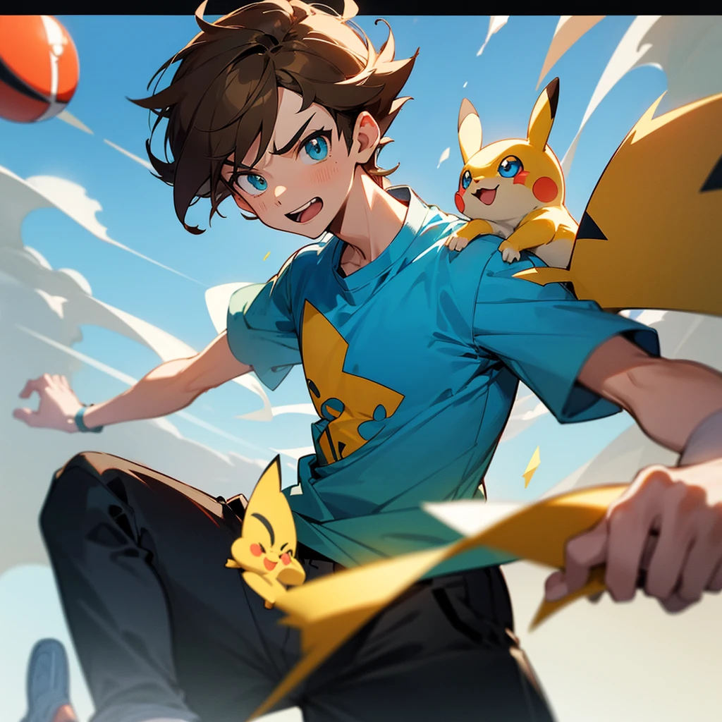 The brown-haired boy has a green cap that contrasts with his blue t-shirt.. His youthful face is illuminated by curious, expressive eyes, that shine with enthusiasm. A light sardine punctuates your nose, suggesting a trace of mischief. Under the cap, a few unruly strands of brown hair escape, softly messy as if the wind played with them.
He wears a vibrant blue t-shirt, that fits comfortably on a slim body. The t-shirt is adorned with small details that reveal your love for the Pokémon universe - perhaps small Pikachu or discreetly printed Poké Balls. Your black pants are practical and casual, perfect for unexpected adventures, while your sports shoes look ready for any challenge.
In one hand, firmly hold a red and white Poké Ball, symbol of your journey as a potential Pokémon trainer. Your gesture is confident, ready to catch or challenge new Pokémon. Every movement reveals a mix of determination and youthful curiosity, a combination that promises great adventures in the world of Pokémon.