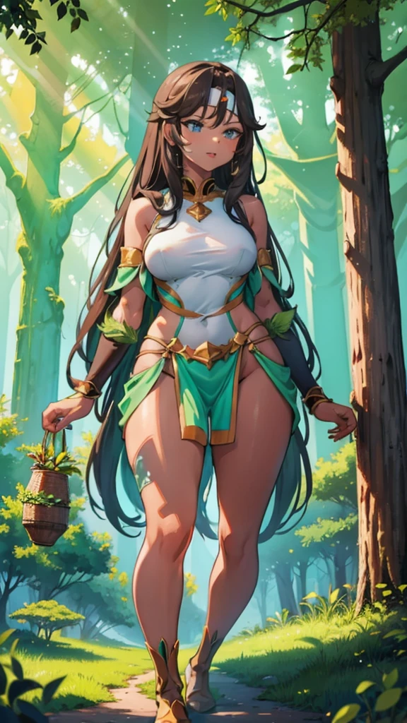 In a forest of large trees there is an even larger Amazonian giantess, with brown skin, black hair, thin, with clothes of the forest, and with very long legs, she is looking for small human invaders of the forest to destroy them so that they do not disturb the peace of the forest. Giantess, goddess, hot, black skin, tall legs, sexy, tiny people, tiny humans, crush, forest, trees, group of small people, slim body, angry, gore