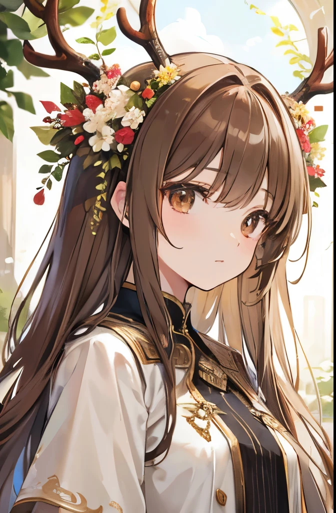 Best quality,high detail,masterpiece,1 woman,light brown long hair,brown eyes,a kind face,Antlers,clothes made of leaves,flower decoration