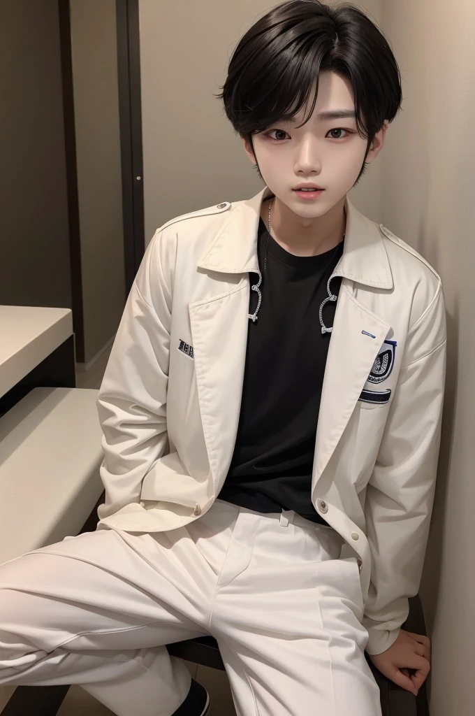 A Korean boy with medium black hair with blonde highlights, he has rabbit teeth