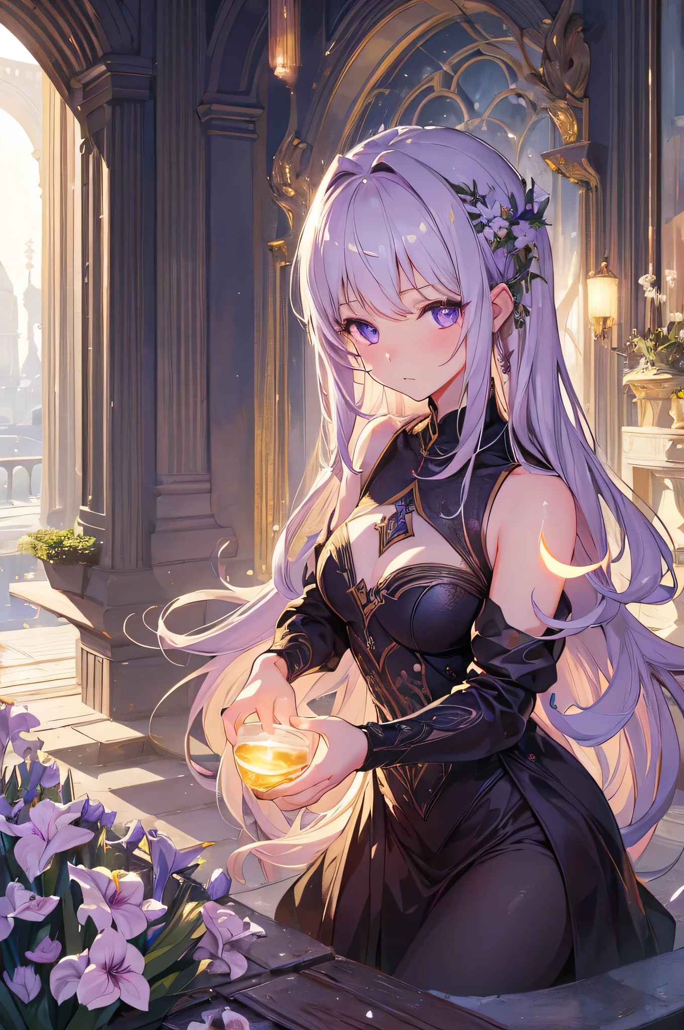 Artwork with a Colchicum motif, ((Highest quality)), High resolution, 8K, Cinematic Light, High Contrast, Written boundary depth, Strong brilliance, Detailed Background, One Girl, cute, fine grain, Shining Eyes, Detailed Iris,poison,