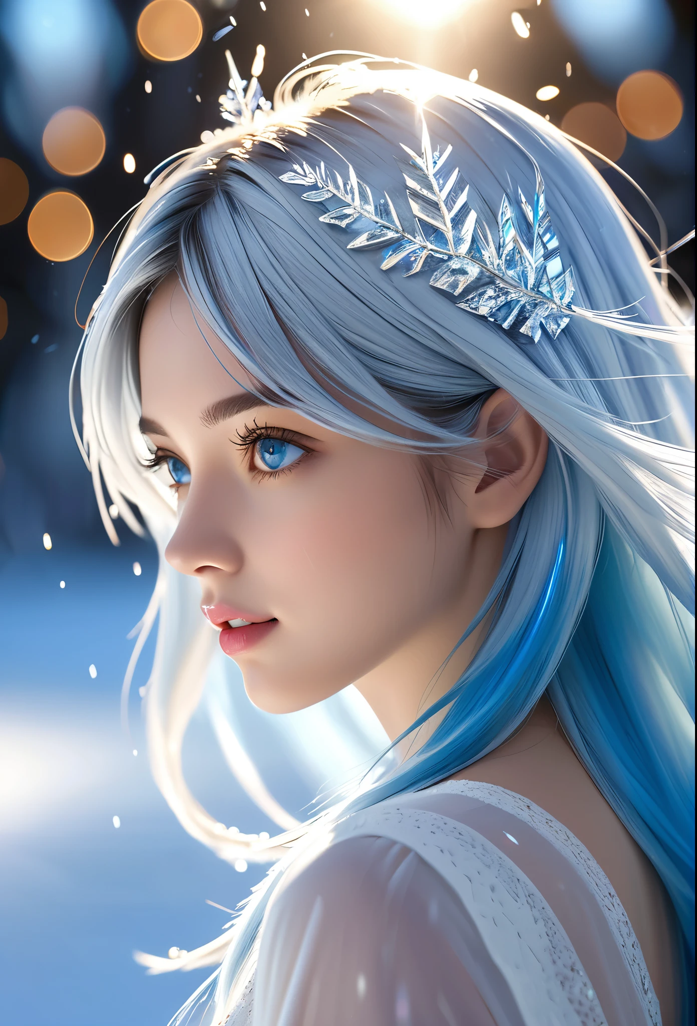 beautiful, young woman, in the crystal and ice area, fluttering ice, snowing,  streaked hair, sliver hair, sky blue hair, long hair, blue eyes, eye reflection, disdain, ray tracing, reflection light, blurry, glowing light, shallow depth of field, chiaroscuro, stereogram, zoom layer, side, bokeh, masterpiece, best quality, high quality, HD