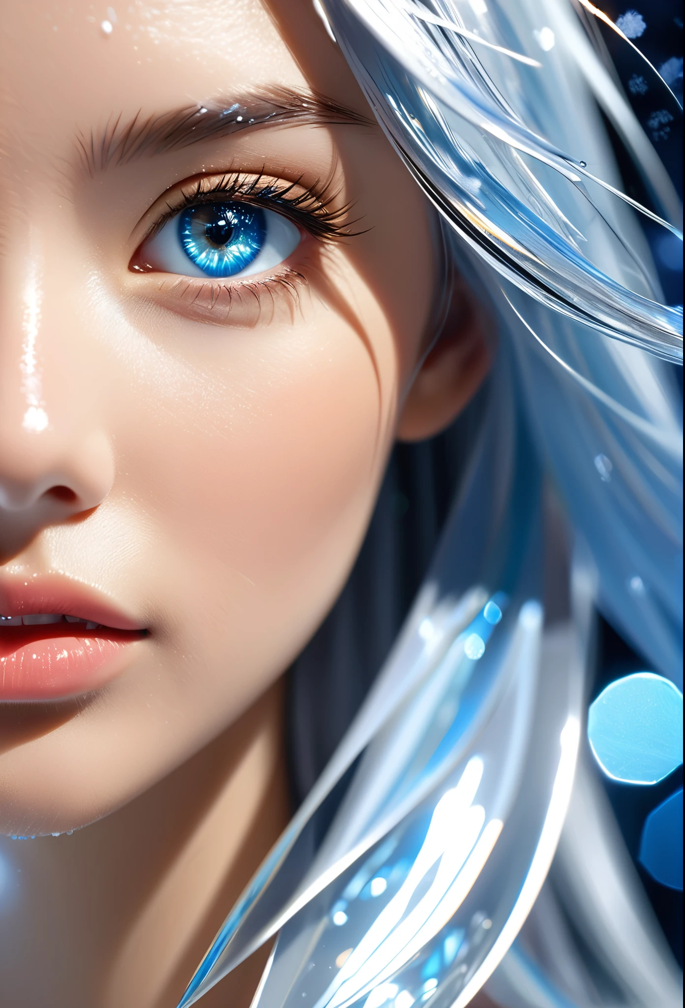 beautiful, young woman, in the crystal and ice area, fluttering ice, snowing,  streaked hair, sliver hair, sky blue hair, long hair, blue eyes, eye reflection, disdain, ray tracing, reflection light, blurry, glowing light, shallow depth of field, chiaroscuro, stereogram, zoom layer, side, bokeh, masterpiece, best quality, high quality, HD