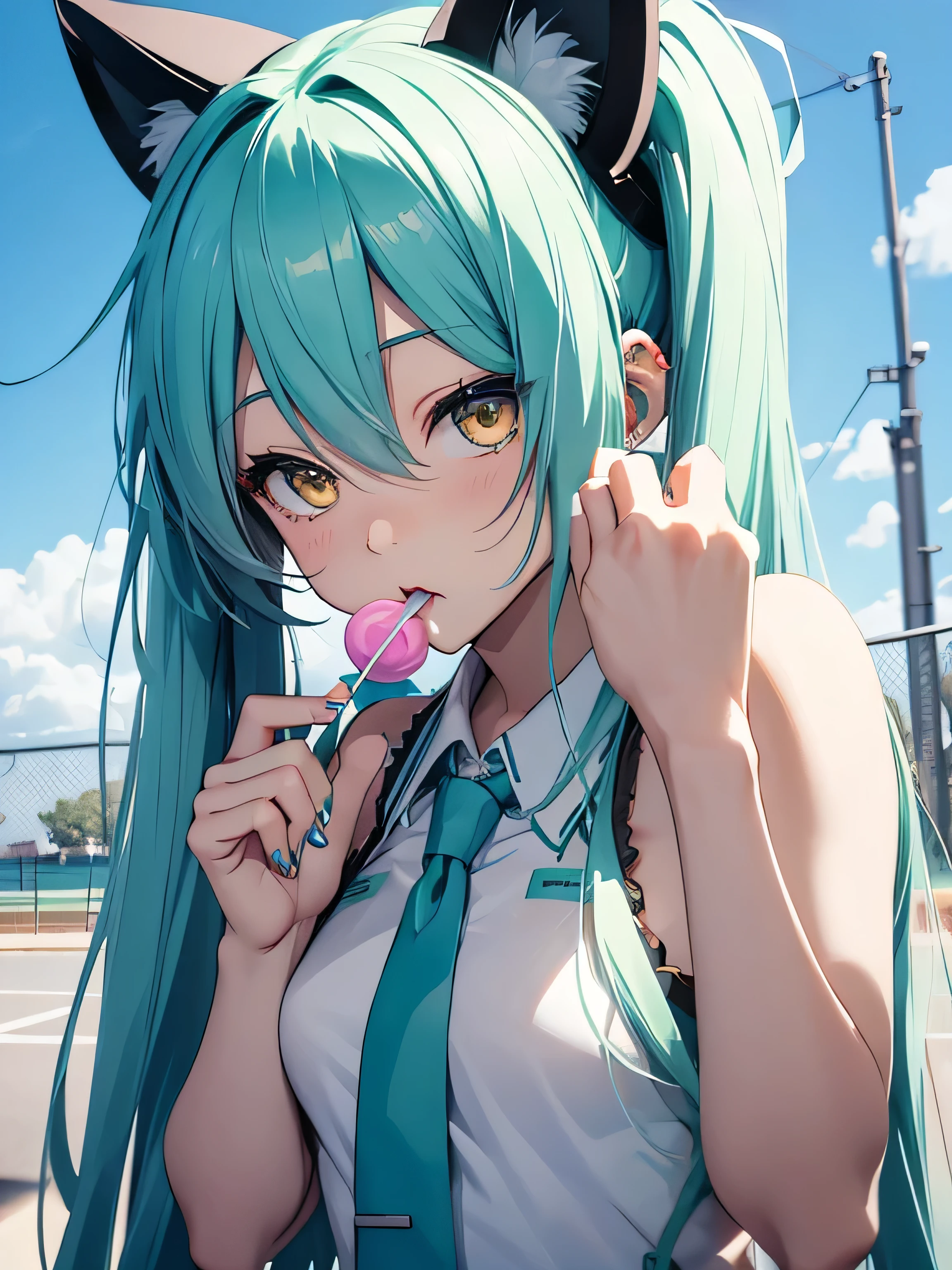 hatsune miku, sucking a lollipop, yellow eyes, cat ears, similing