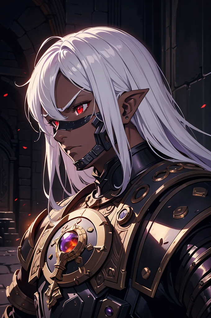 masterpiece, best quality, ultra high res, dark theme, 1boy, (dungeonpunk armor), (mechanical steampunk armor), (wearing armor), fantasy illustration, dark skinned, human, upper body, portrait, red eyes, long white hair, half-drow, pointy ears, serious face, young man, dramatic lighting, purple hue, art by Kinema Citrus