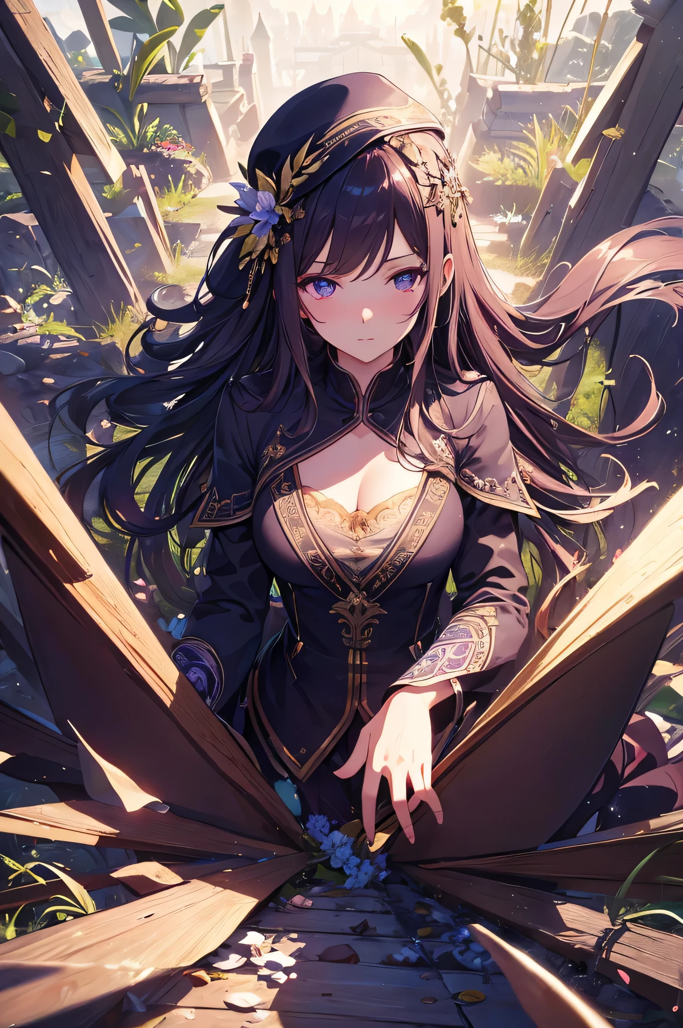 A beautiful adult female vampire with light brown hair in long style with bangs, captivating pink eyes, surrounded by red butterflies, hyperrealistic, highly detailed, intricate, dramatic lighting, cinematic, digital art, concept art, portrait, ultra-detailed, 8k, photorealistic