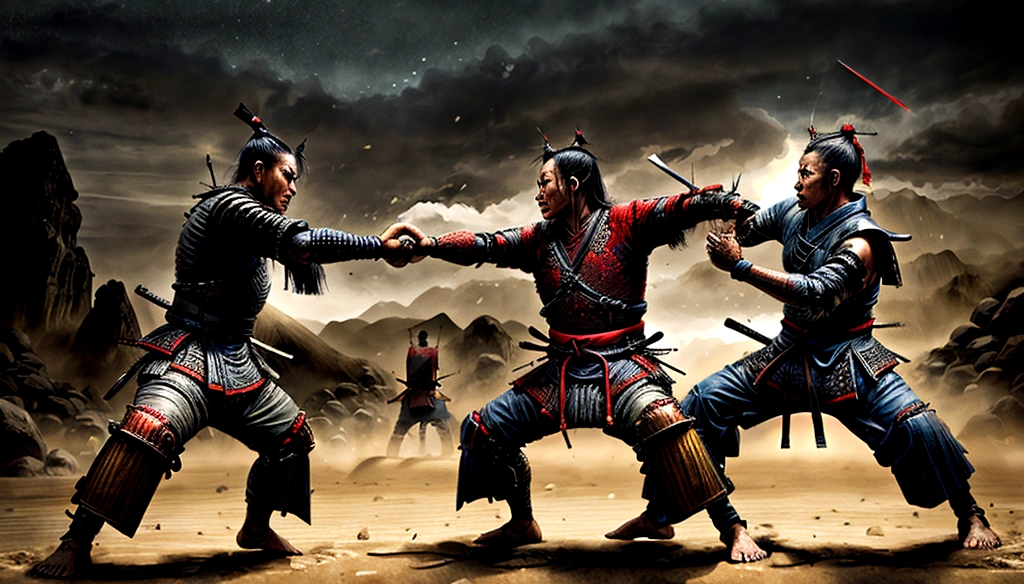 Andy Lau fights monsters (best qualityer, Ultrathin, Samurai on sandy terrain , forcefully levantando poeira e fuligem de folhas secas a from clothes, a hand holding a Samurai sword, fighting, Evasion, Dodge, realisitic, photo-realisitic:1.37), swirly vibrant colors, sharp focus, bokeh, (fancy:1.2),(Mysterious Landscape), (dynamic pose:1.37), intense gaze, extraordinary power, Mythical power, black and red, rainy daytime, Wounds on the body, splashing water, Japanese style)