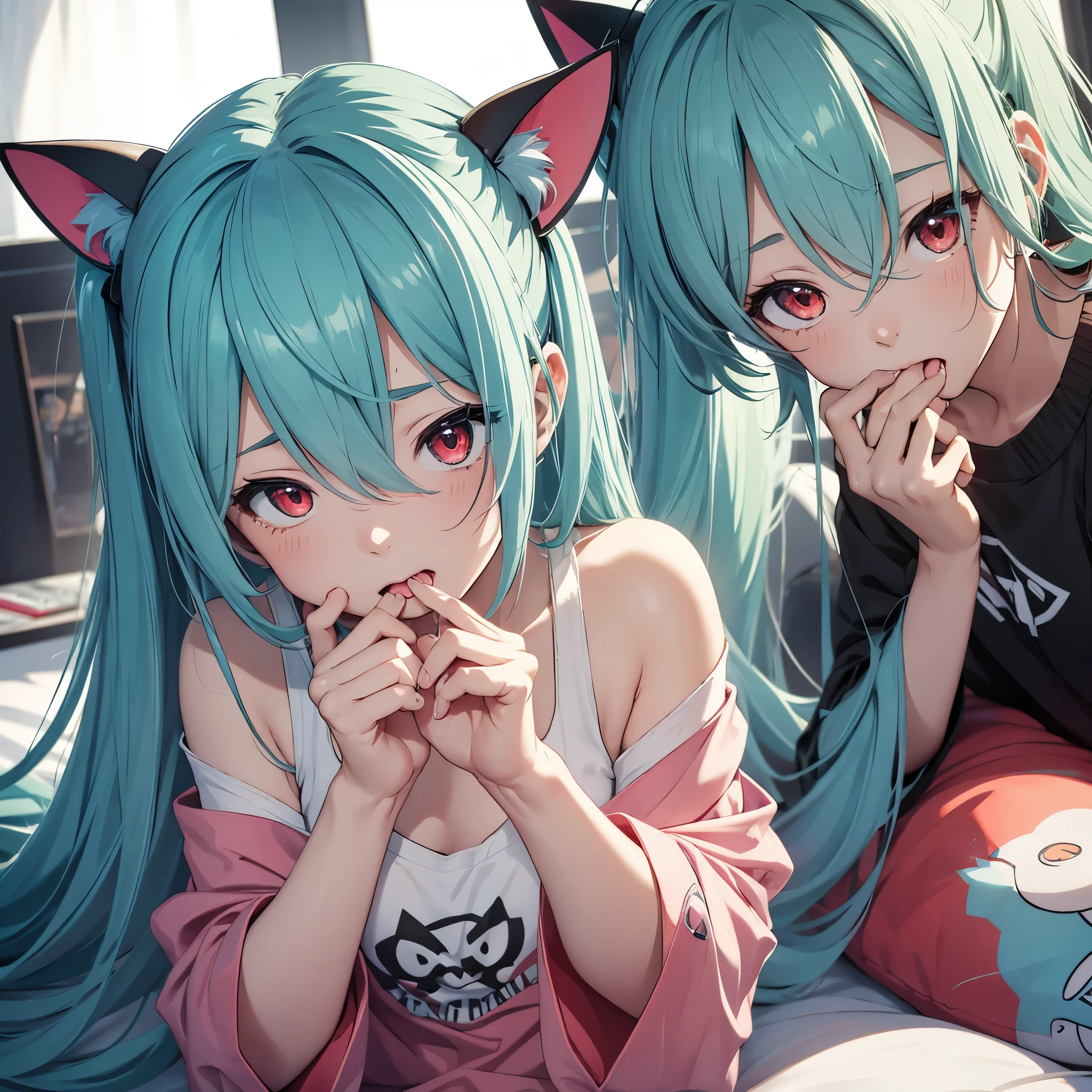 hatsune miku, pijama, cat ears, sucking fingers, red eyes