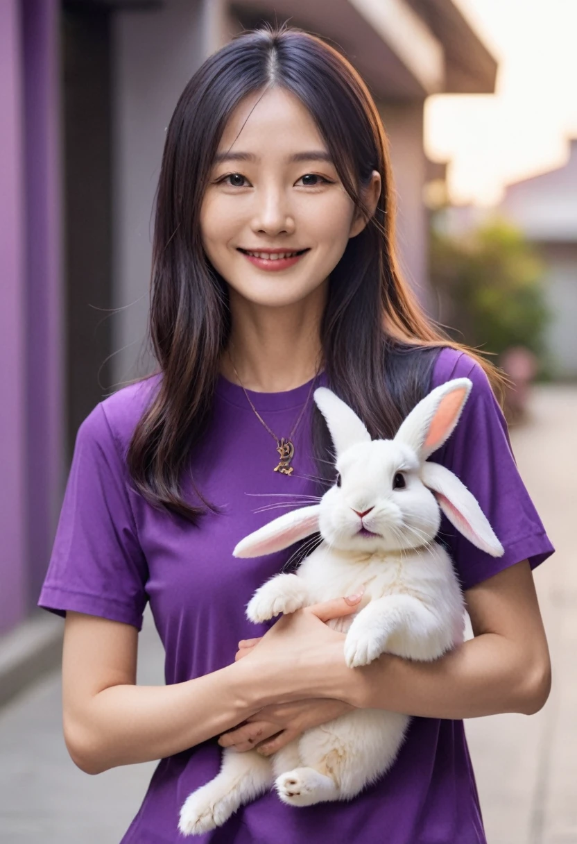 25 year old Korean mature woman with a thin smile, long hair,wearing a purple shirt,written"LIDIA"is hugging a rabbit,wearing shoes,domino building background,glowing purple ,looking at the camera