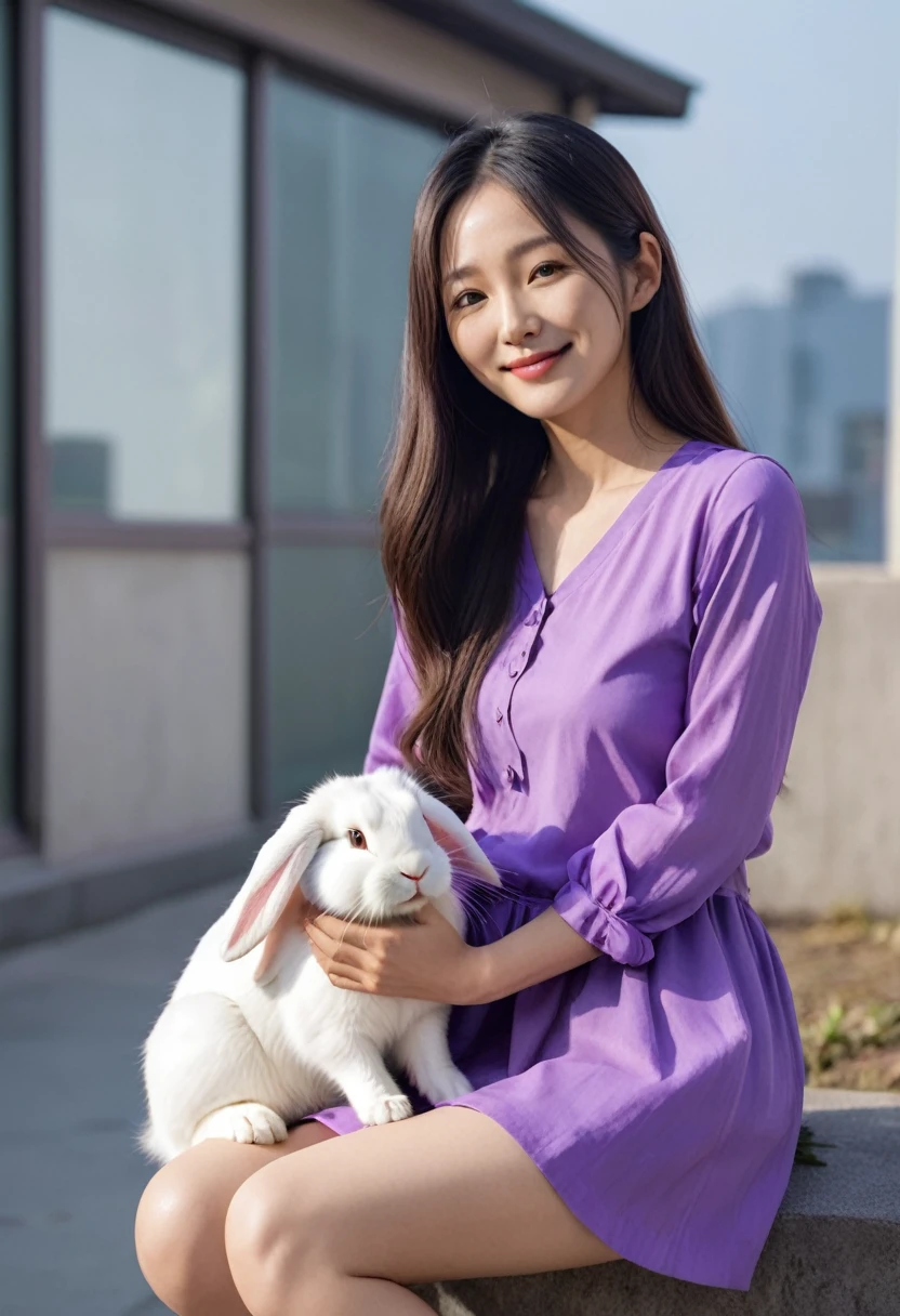 25 year old Korean mature woman with a thin smile, long hair,wearing a purple shirt,written"LIDIA"is hugging a rabbit,wearing shoes,domino building background,glowing purple ,looking at the camera