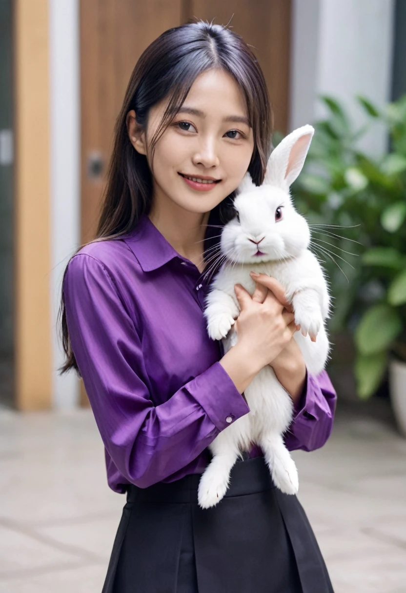 25 year old Korean mature woman with a thin smile, long hair,wearing a purple shirt,written"LIDIA"is hugging a rabbit,wearing shoes,domino building background,glowing purple ,looking at the camera