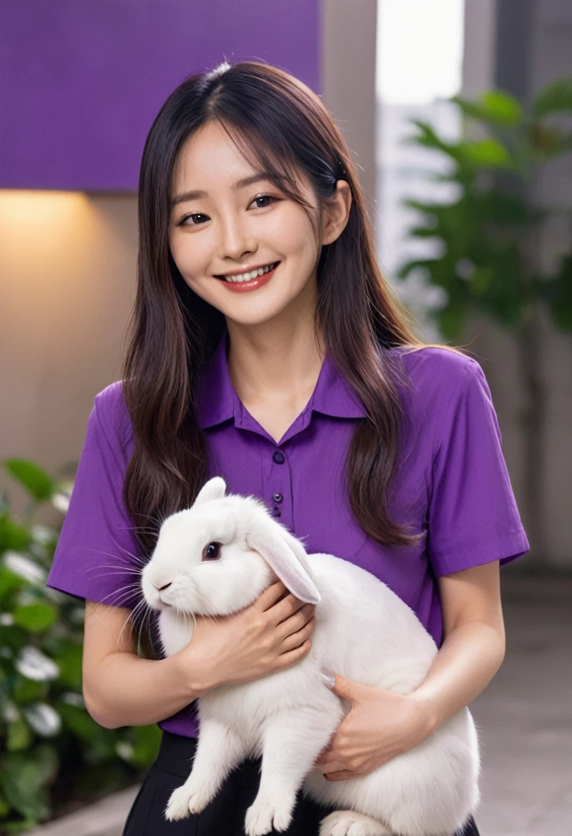 25 year old Korean mature woman with a thin smile, long hair,wearing a purple shirt,written"LIDIA"is hugging a rabbit,wearing shoes,domino building background,glowing purple ,looking at the camera