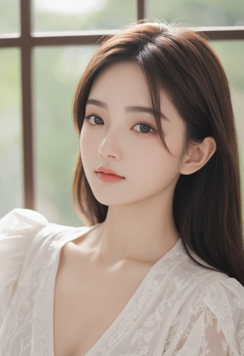 A Japanese and Korean model about 20 years old, wearing a white short-sleeved peak-collar top, with smooth dark brown bangs, a warm smile, delicate white pearl-like skin shining with a pearl-like delicate luster, lips and lips It is a cherry blossom color with a moist, elastic and delicate texture. It is the type with double eyelids and big eyes, with an elegant temperament. The background is soft, no makeup, and the eyelashes are well-defined and feather-like. The eyebrows are soft in shape, the eyebrows are medium in concentration, and the eyes are warm and sincere. And smart, with a small nose and a delicate doll-like nose, paired with light blush, the face shape is a pointed chin and an oval face, with a few strands of hair floating on the forehead, no earrings, no jewelry, the whole picture retains exquisite details and Texture, the picture quality is as clear as 4K resolution, with an ethereal and clear summer atmosphere, without noise,