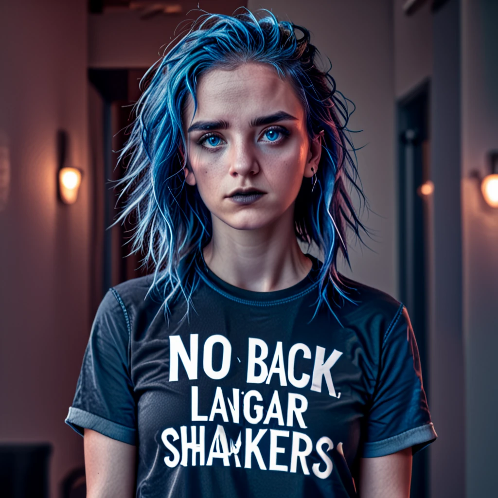 a young woman, blue hair, blue eyes, black t-shirt that says "NO", black baggy jeans, black sneakers, black makeup, serious expression, detailed eyes, realistic portrait, highly detailed, 8k, photorealistic, chiaroscuro lighting, dramatic lighting, cinematic, moody, emotive