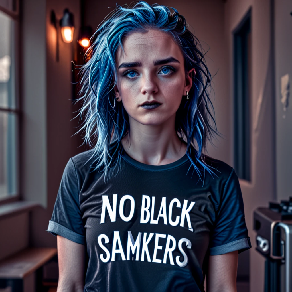 a young woman, blue hair, blue eyes, black t-shirt that says "NO", black baggy jeans, black sneakers, black makeup, serious expression, detailed eyes, realistic portrait, highly detailed, 8k, photorealistic, chiaroscuro lighting, dramatic lighting, cinematic, moody, emotive