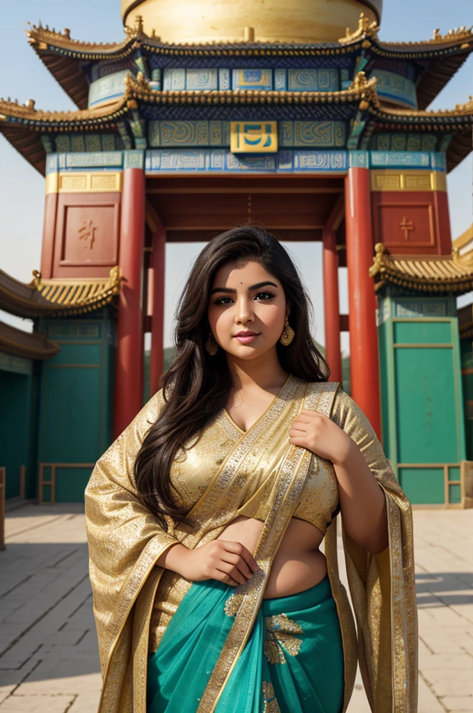 1 Heavenly beautiful and goddess beauty cute and sweet looking face Arabian female in front of Temple of Heaven, China, Heavenly beautiful Overweight, Heavenly beautiful Extremely fat, Heavenly beautiful and attractive Chubby figure , Heavenly beautiful looking and eye catching luxury style Ajrakh Sarees , reaching out, Heavenly beautiful Arabian woman, 16k, High resolution, masterpiece, highest quality, fine skin, outside view, Realistic Photograph, close up face view