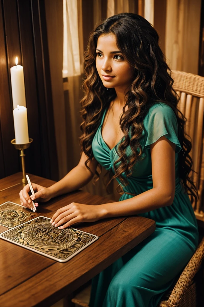 woman, Wavy hair, Brown eyes, sits by the table, Fortune telling Tarot cards are laid out on the table, woman telling fortunes