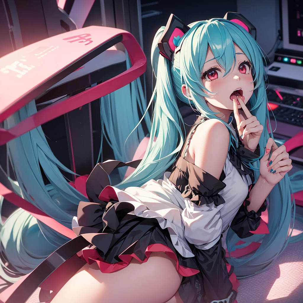 hatsune miku, cheeleader, cat ears, sucking fingers, red eyes