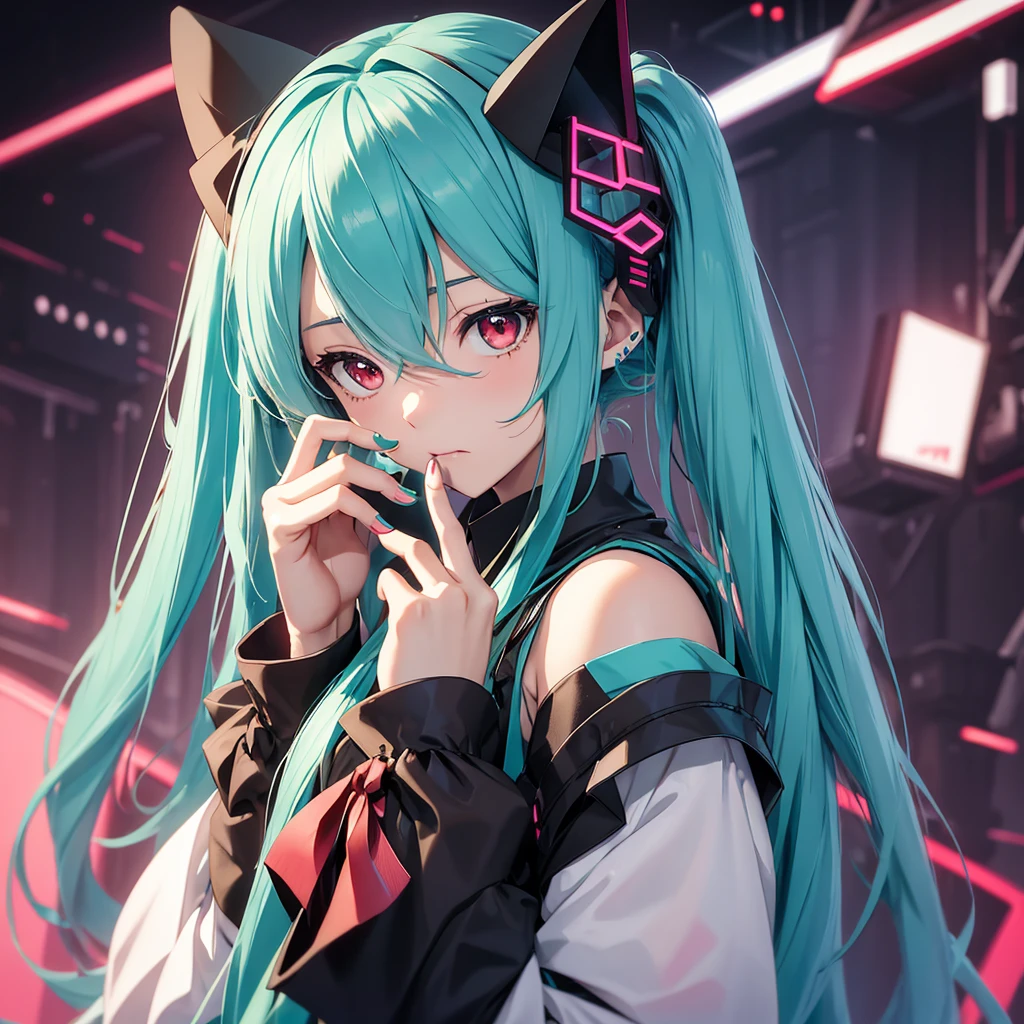 hatsune miku, cheeleader, cat ears, sucking fingers, red eyes