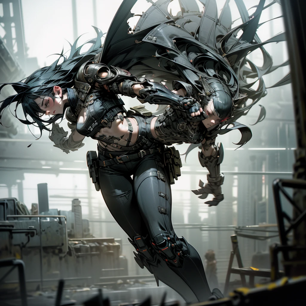 1 girl, attractive body in sexy clothes, gothic, wearing punk attire, destroyed city, in a mortal battle, solo, masterpiece, flawless, no anomalies, photorealistic, 8k, high quality, dramatic lighting, moody atmosphere, dark colors, gritty urban environment, hyper detailed, cinematic composition, dynamic pose, intense expression
