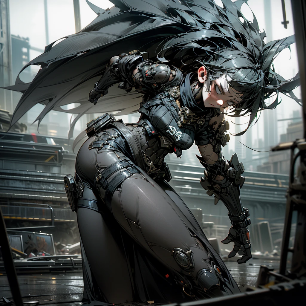 1 girl, attractive body in sexy clothes, gothic, wearing punk attire, destroyed city, in a mortal battle, solo, masterpiece, flawless, no anomalies, photorealistic, 8k, high quality, dramatic lighting, moody atmosphere, dark colors, gritty urban environment, hyper detailed, cinematic composition, dynamic pose, intense expression
