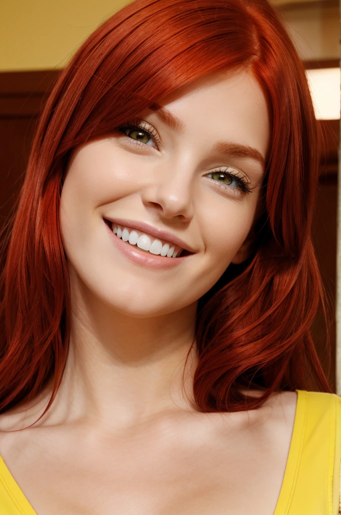  with red hair and yellow eyes, smiling.
