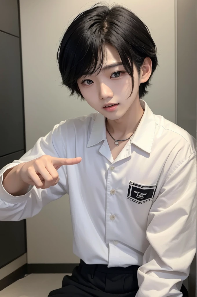 A Korean boy with medium black hair with blonde locks, he has rabbit teeth