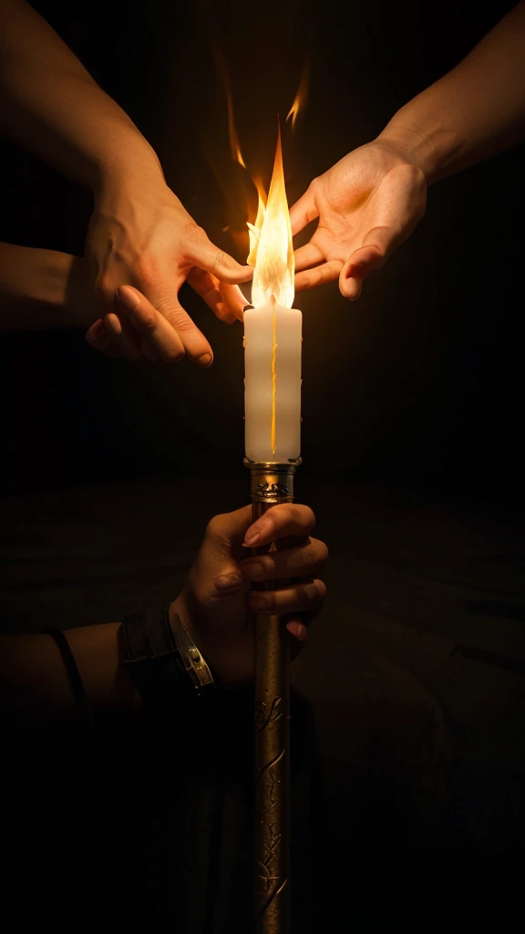 A hand holds a bright flame in a dark environment. The flame symbolizes confidence and inner strength that illuminate the path to achievement.
