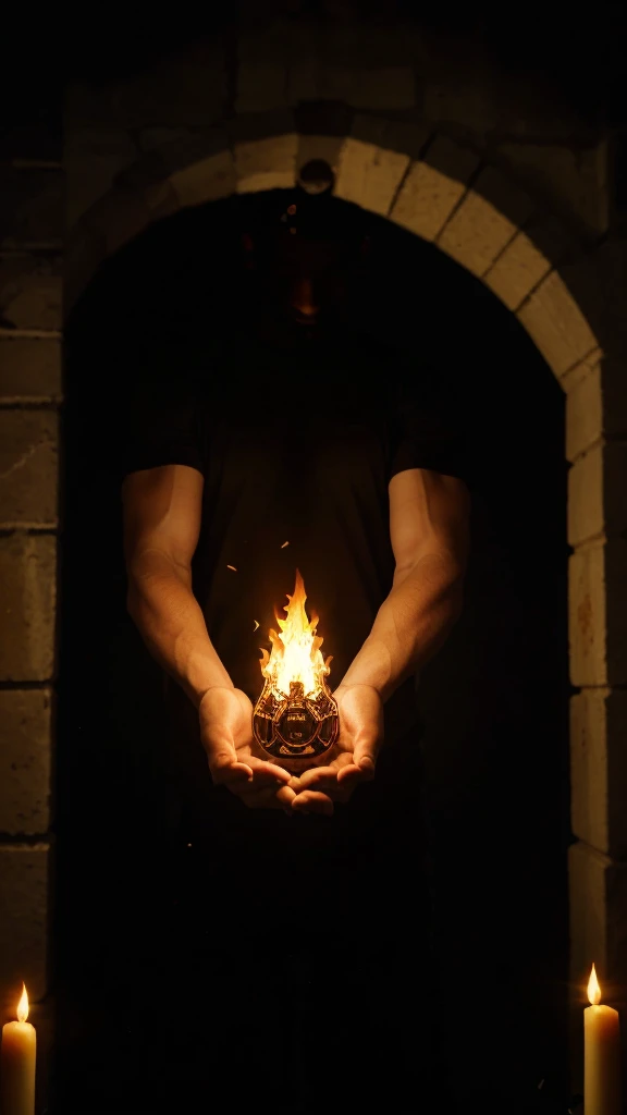 A hand holds a bright flame in a dark environment. The flame symbolizes confidence and inner strength that illuminate the path to achievement.