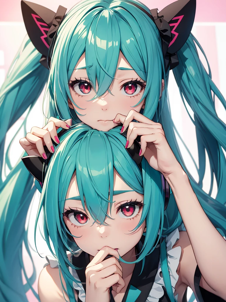 hatsune miku, pijama, cat ears, sucking fingers, red eyes