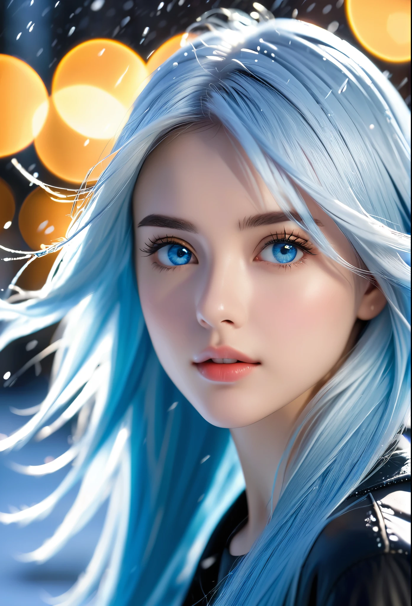 beautiful, young woman, the crystal and ice area in background, fluttering ice, snowing,  streaked hair, sliver hair, sky blue hair, long hair, blue eyes, eye reflection, disdain, ray tracing, reflection light, blurry, glowing light, shallow depth of field, chiaroscuro, stereogram, zoom layer, side, bokeh, masterpiece, best quality, high quality, HD