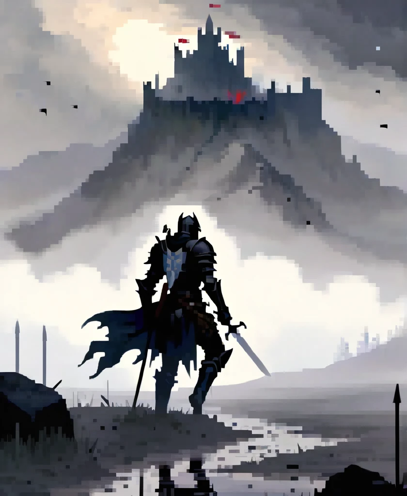 In the midst of a fog-laden battlefield, a valiant gothic black knight clad in battered armor crawls painfully through the mud, arrows protruding from his back. The looming silhouette of a foreboding mountain stands in the distance, shrouded in mist and mystery, offering a glimmer of hope amidst the chaos and despair.