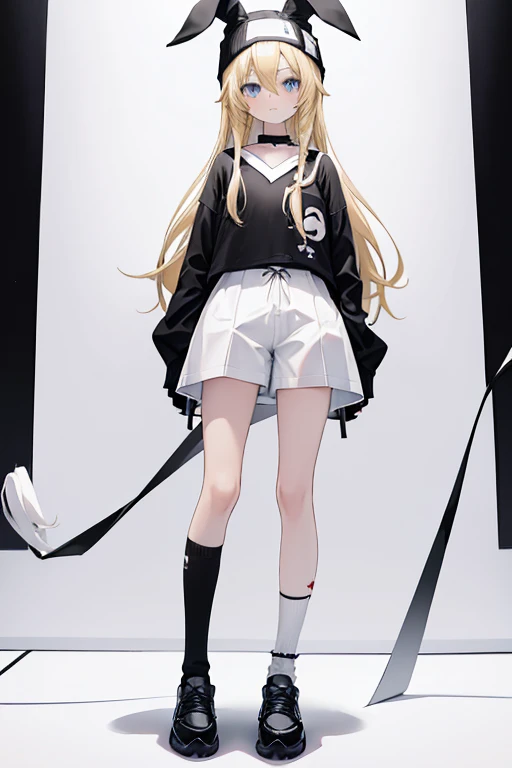 anime girl with long, blonde waist-length hair with a white rabbit ears down beanie and wearing a black and white striped short-sleeved shirt with a picture of a white cat and wearing a left sock with a white and black striped pattern and a right sock with a plain white motif and wearing black shoes and wearing pants black short above the knee in a standing position