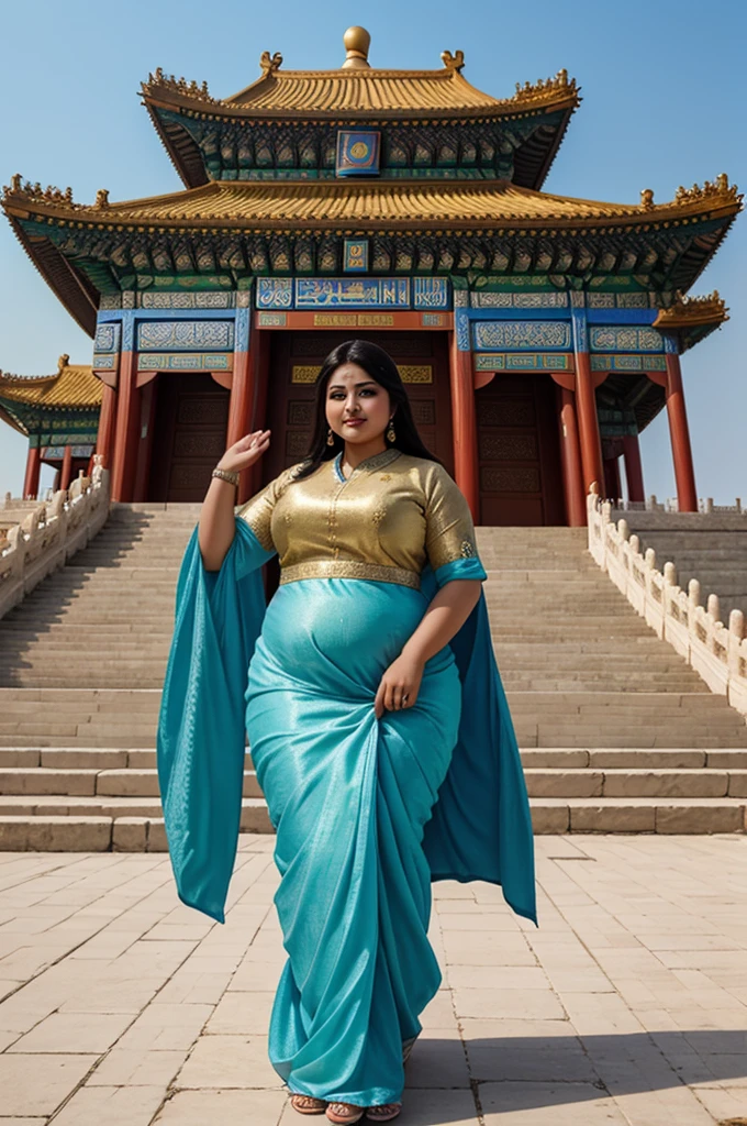 1 Heavenly beautiful and goddess beauty cute and sweet looking face Arabian female in front of Temple of Heaven, China, Heavenly beautiful Overweight, Heavenly beautiful Extremely fat, Heavenly beautiful and attractive Chubby figure , Heavenly beautiful looking and eye catching luxury style Ajrakh Sarees , reaching out, Heavenly beautiful Arabian woman, 16k, High resolution, masterpiece, highest quality, fine skin, outside view, Realistic Photograph, close up face view