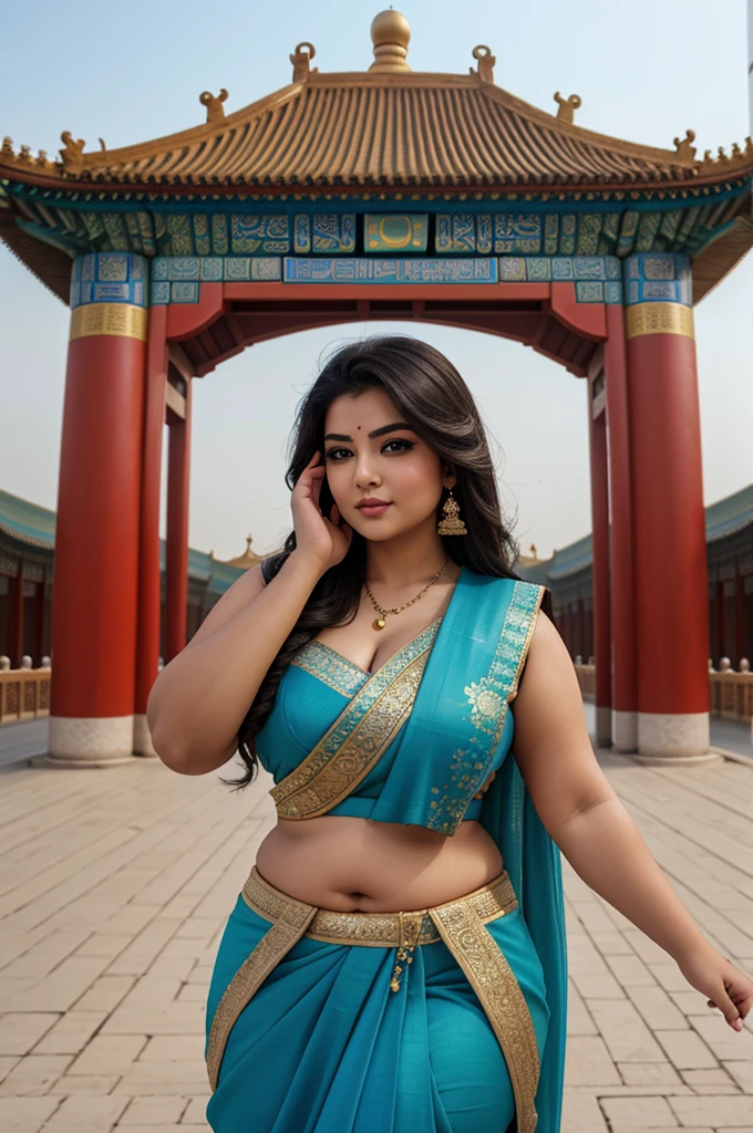 1 Heavenly beautiful and goddess beauty cute and sweet looking face Arabian female in front of Temple of Heaven, China, Heavenly beautiful Overweight, Heavenly beautiful Extremely fat, Heavenly beautiful and attractive Chubby figure , Heavenly beautiful looking and eye catching luxury style Ajrakh Sarees , reaching out, Heavenly beautiful Arabian woman, 16k, High resolution, masterpiece, highest quality, fine skin, outside view, Realistic Photograph, close up face view