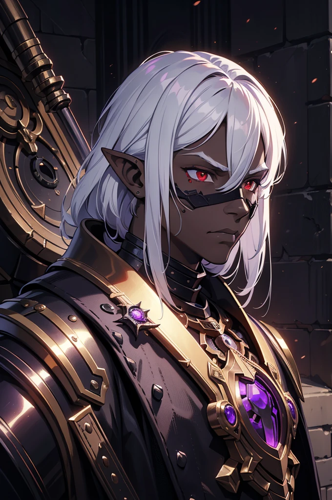masterpiece, best quality, ultra high res, dark theme, 1boy, (dungeonpunk armor), (mechanical steampunk armor), (wearing armor), fantasy illustration, dark skinned, human, upper body, portrait, red eyes, long white hair, half-drow, pointy ears, serious face, young man, dramatic lighting, purple hue, art by Kinema Citrus