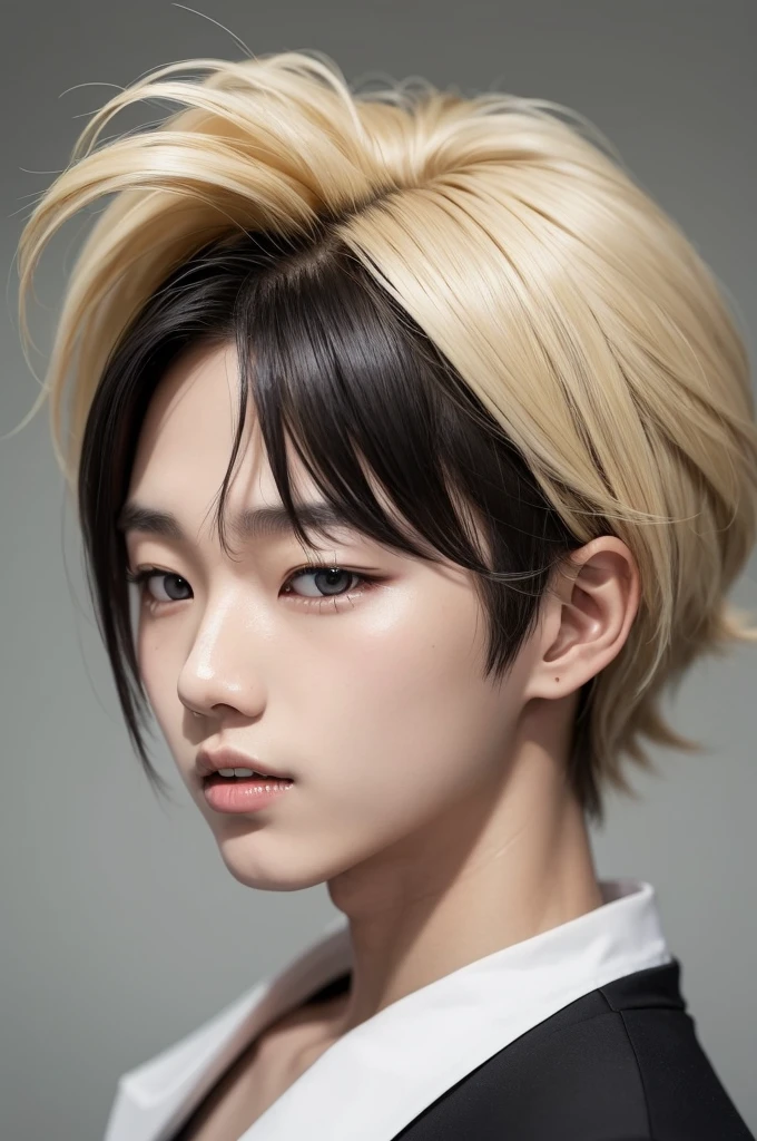 A Korean boy with medium black hair with blonde locks, he has rabbit teeth his hair has blonde highlights