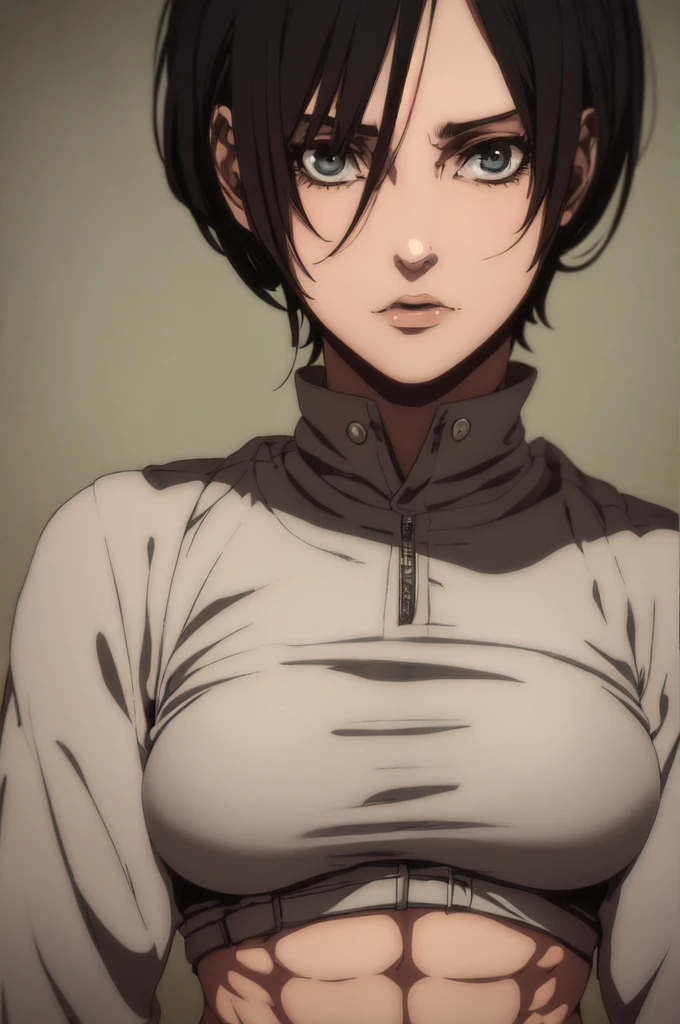 1girl,ultra high details, ultra high auality,(highly detailed face)1.2,(high quality of face)1.3,Mikasa Ackerman,highly detailed abs,perfect female anatomy, best quality of shadows,highly detailed muscles,beautiful face,volume shadows