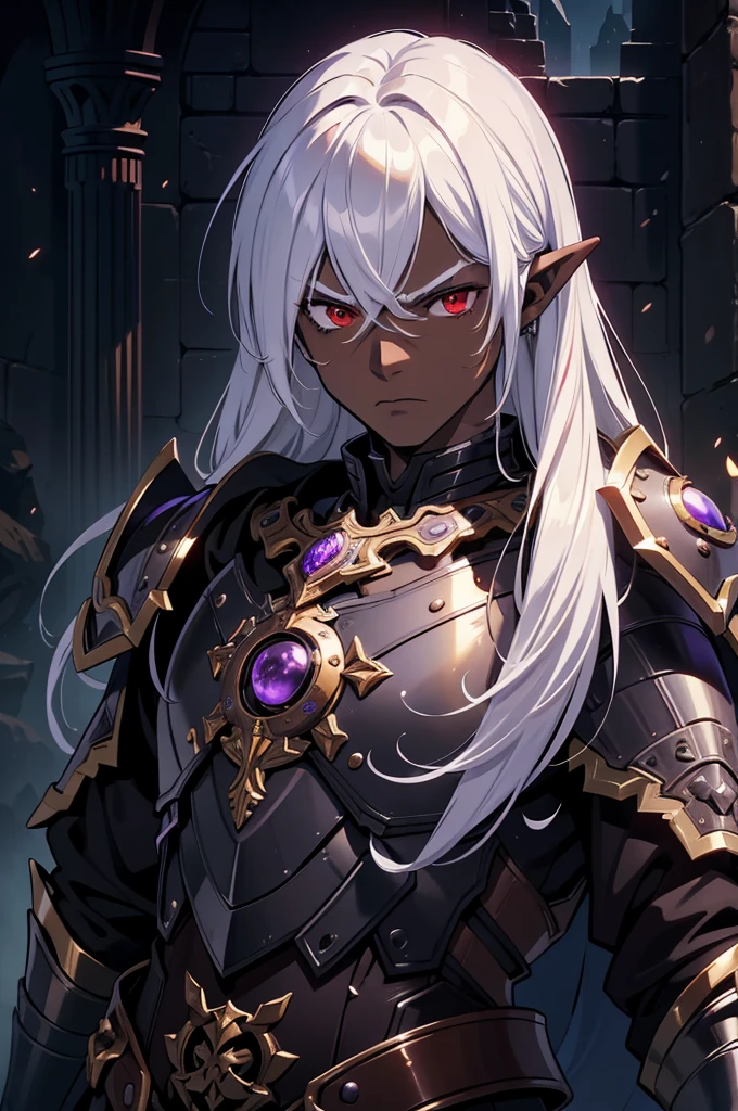 masterpiece, best quality, ultra high res, dark theme, 1boy, (dungeonpunk armor), (mechanical steampunk armor), (wearing armor), fantasy illustration, dark skinned, human, upper body, portrait, red eyes, long white hair, half-drow, pointy ears, serious face, young man, dramatic lighting, purple hue, art by Kinema Citrus