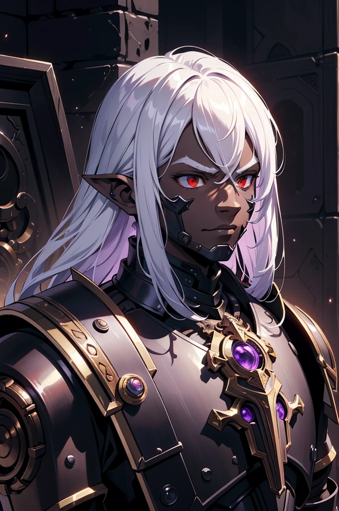 masterpiece, best quality, ultra high res, dark theme, 1boy, (dungeonpunk armor), (mechanical steampunk armor), (wearing armor), fantasy illustration, dark skinned, human, upper body, portrait, red eyes, long white hair, half-drow, pointy ears, serious face, young man, dramatic lighting, purple hue, art by Kinema Citrus