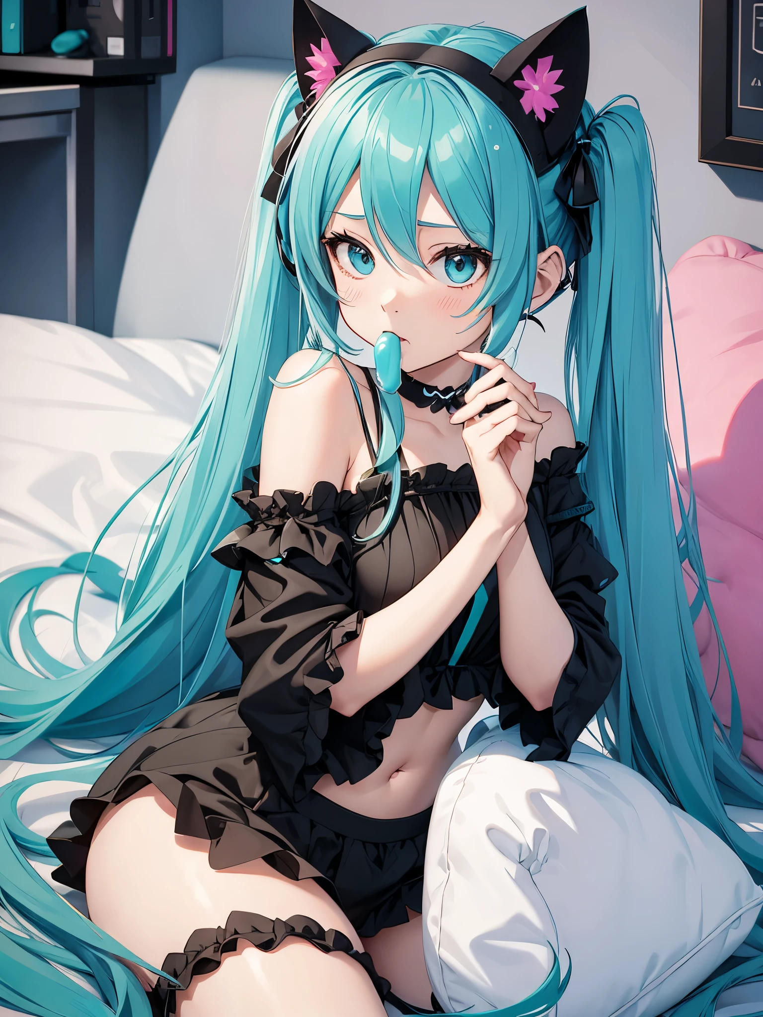 hatsune miku, black pijama, cat ears, sucking fingers