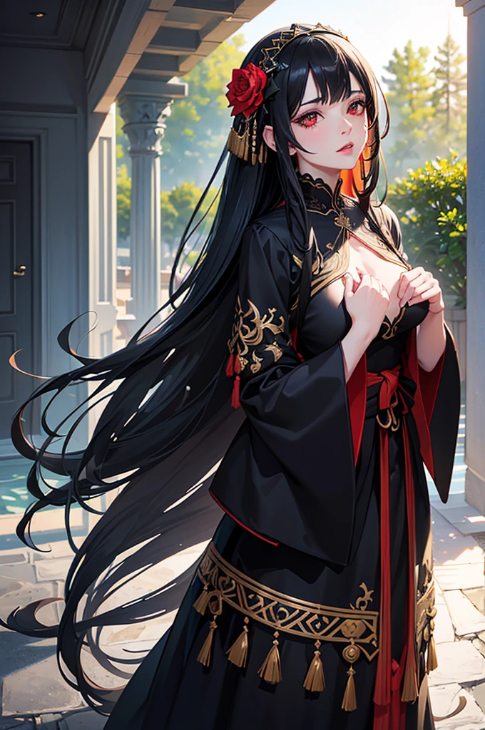 1girl, long black hair, red eyes, beautiful detailed eyes, beautiful detailed lips, extremely detailed face, long eyelashes, black gown, flower garden, landscape, (best quality,4k,8k,highres,masterpiece:1.2),ultra-detailed,(realistic,photorealistic,photo-realistic:1.37),HDR,UHD,studio lighting,ultra-fine painting,sharp focus,physically-based rendering,extreme detail description,professional,vivid colors,bokeh,photographic