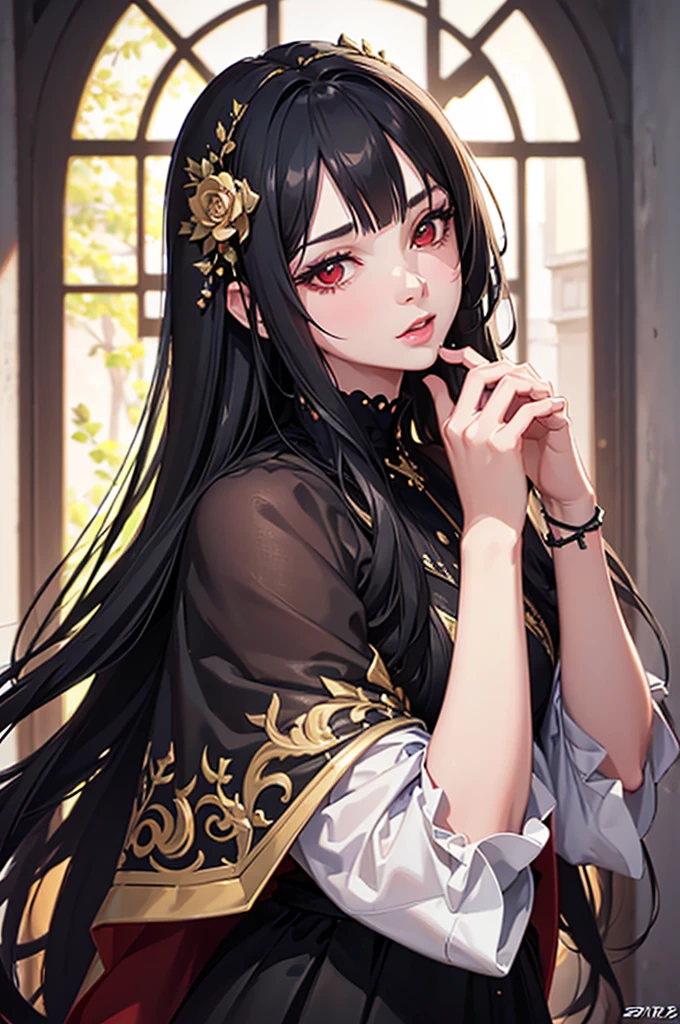 1girl, long black hair, red eyes, beautiful detailed eyes, beautiful detailed lips, extremely detailed face, long eyelashes, black gown, flower garden, landscape, (best quality,4k,8k,highres,masterpiece:1.2),ultra-detailed,(realistic,photorealistic,photo-realistic:1.37),HDR,UHD,studio lighting,ultra-fine painting,sharp focus,physically-based rendering,extreme detail description,professional,vivid colors,bokeh,photographic