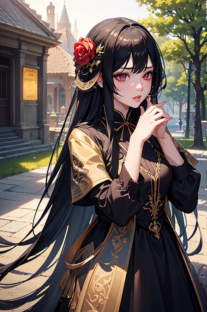 1girl, long black hair, red eyes, beautiful detailed eyes, beautiful detailed lips, extremely detailed face, long eyelashes, black gown, flower garden, landscape, (best quality,4k,8k,highres,masterpiece:1.2),ultra-detailed,(realistic,photorealistic,photo-realistic:1.37),HDR,UHD,studio lighting,ultra-fine painting,sharp focus,physically-based rendering,extreme detail description,professional,vivid colors,bokeh,photographic